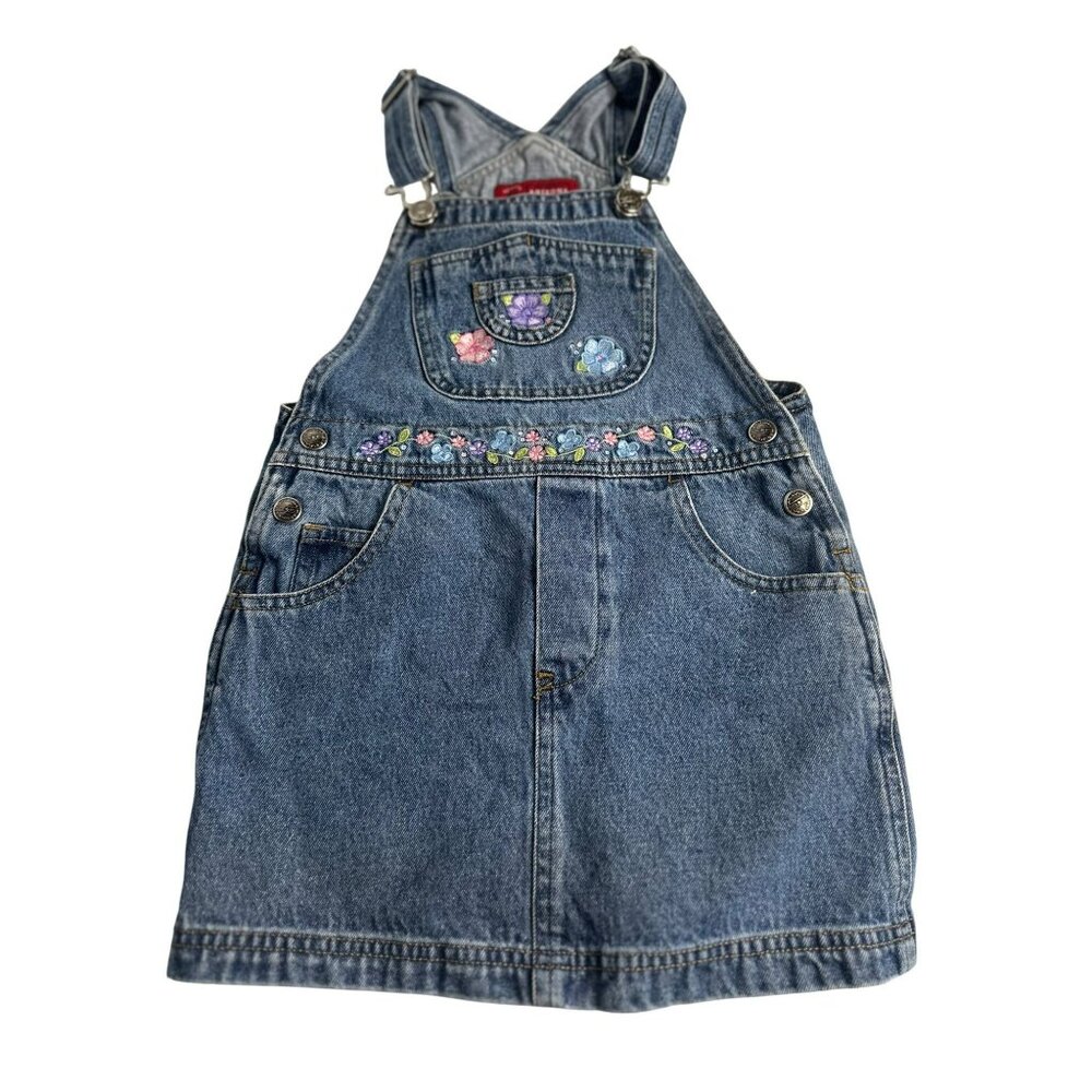 VTG Arizona Jean Co Denim Overall Dress Floral Embroidered Jumper BibPocket SZ 5